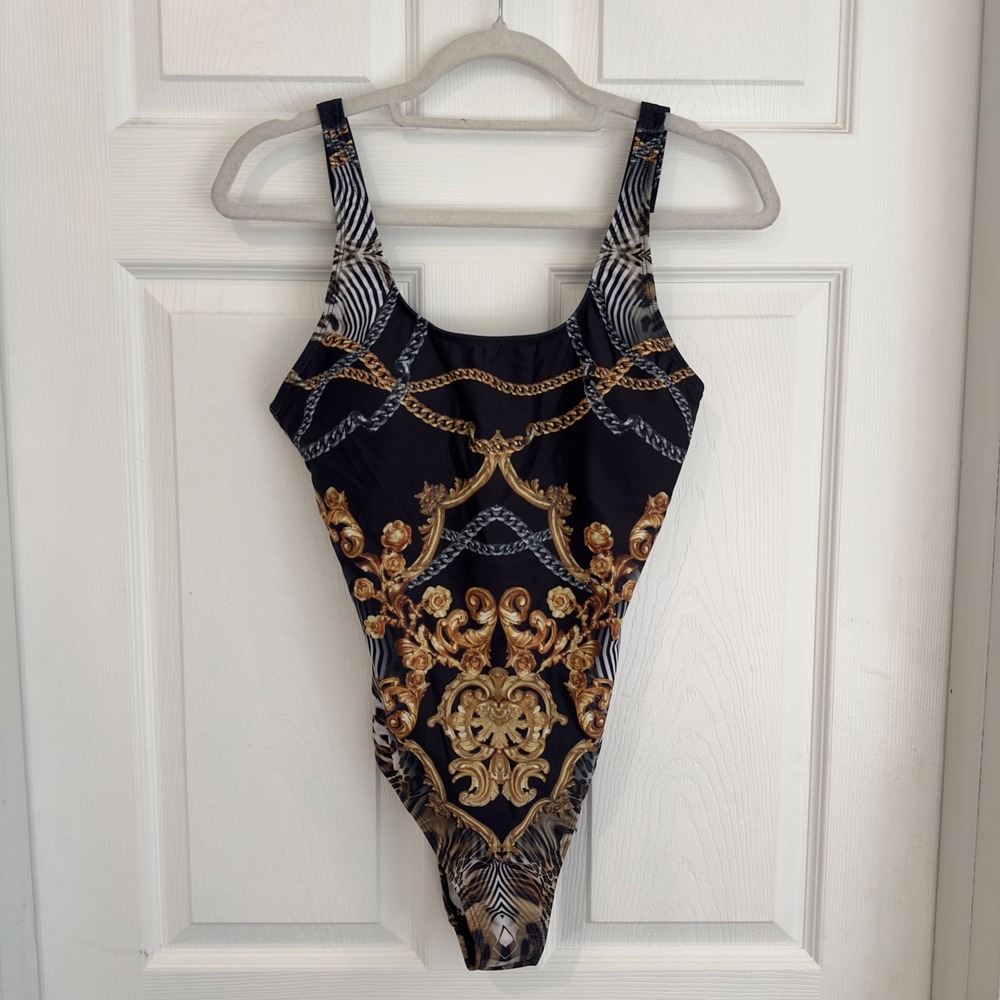 Baroque Gold Chain Leopard Print One Piece Swimsuit Black Gold Medium